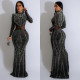 Long Sleeve Mesh Hot Drill Maxi Dress BY-6863
