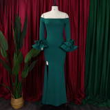 Plus Size One Neck Ruffles Sleeve Split Maxi Dress  GCZF-MG481-C1