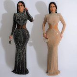 Long Sleeve Mesh Hot Drill Maxi Dress BY-6863