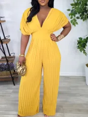 Plus Size Fashion V Neck Solid Jumpsuit GCZF-8592