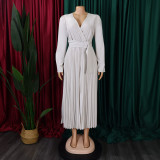 Plus Size V Neck Solid Color Belt Maxi Dress GCZF-8557
