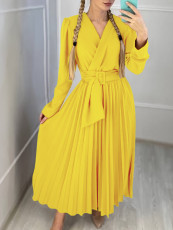 Plus Size V Neck Solid Color Belt Maxi Dress GCZF-8557