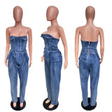 Sexy Wrap Chest Slim Denim Jumpsuit LX-6035