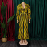 Plus Size Print Bubble Sleeve Tie Jumpsuit GCZF-8559
