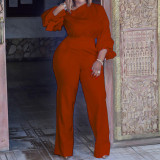 Plus Size Long Sleeve Solid Slash Shoulder Jumpsuit GCZF-8425