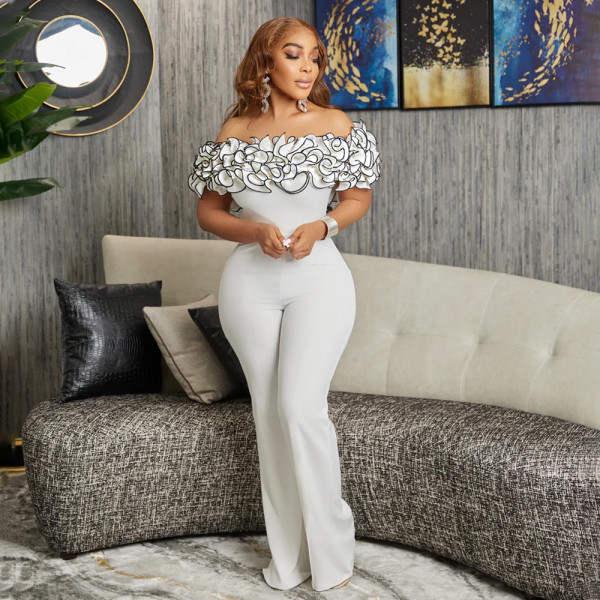 Plus Size Off Shoulder Solid Color Jumpsuit GCZF-8593