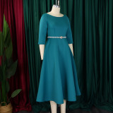 Plus Size Solid Color Half Sleeve Midi Dress(With Belt) GCZF-8600