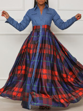 Plus Size Denim Patchwork Plaid Maxi Dress GCZF-D452-C1
