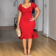 Plus Size Lantern Sleeve Wave Hem Midi Dress NY-10923