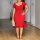 Plus Size Lantern Sleeve Wave Hem Midi Dress NY-10923