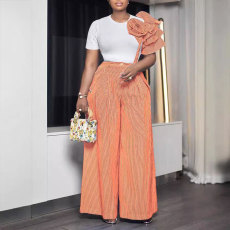 Plus Size Short Sleeve Stripe Loose Two Piece Pants Set NY-3271