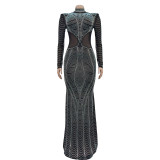 Long Sleeve Mesh Hot Drill Maxi Dress BY-6863