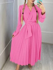 Plus Size V Neck Solid Color Belt Maxi Dress GCZF-8557