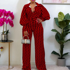 Plus Size Print Long Sleeve Straight Jumpsuit GCZF-8442