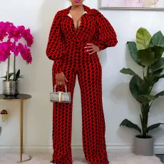 Plus Size Print Long Sleeve Straight Jumpsuit GCZF-8442