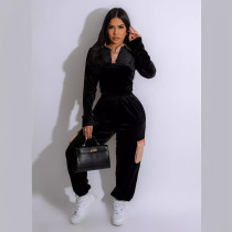 Printed Patchwork Gold Velvet Long Sleeve Pants Set TE-4713