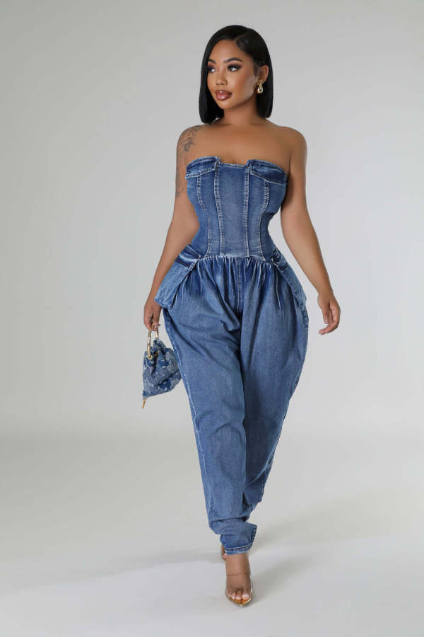 Sexy Wrap Chest Slim Denim Jumpsuit LX-6035