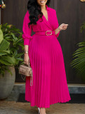 Plus Size Solid Color V Neck Pleated Belt Maxi Dress GCZF-8590