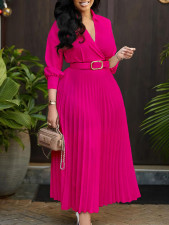 Plus Size Solid Color V Neck Pleated Belt Maxi Dress GCZF-8590