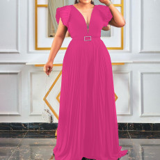 Plus Size Mesh Patchwork Pleated Maxi Dress GCZF-8452