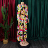 Plus Size Lapel Print Shirt Wide Leg Pants Suit GCZF-8597