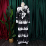 Plus Size Print Long Sleeve Tie Two Piece Pants Set GCZF-8598