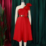 Plus Size Solid Color Slash Shoulder Midi Dress(Without Belt) GCZF-8607