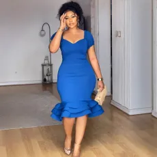 Plus Size Lantern Sleeve Wave Hem Midi Dress NY-10923