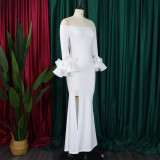 Plus Size One Neck Ruffles Sleeve Split Maxi Dress  GCZF-MG481-C1