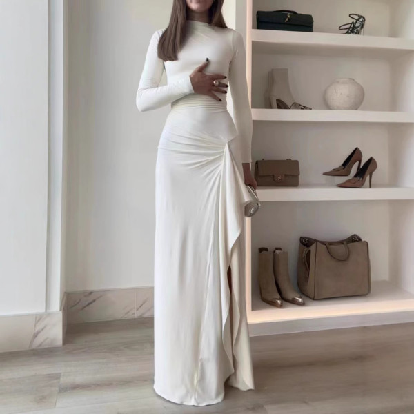 Slash Shoulder Long Sleeve Irregular Long Dress GWDS-241009