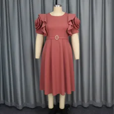 Plus Size Ruffles Sleeve Solid Color Midi Dress GKEN-040736
