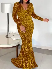 Plus Size Sequin V Neck Long Sleeve Fishtail Dress GATE-545