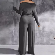 One Neck Off Shoulder Pleated Two Piece Pants Set GWDS-241003