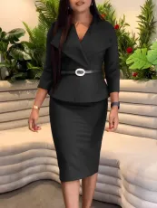 Solid Color Lapel Pencil Skirt 2 Piece Set GATE-542