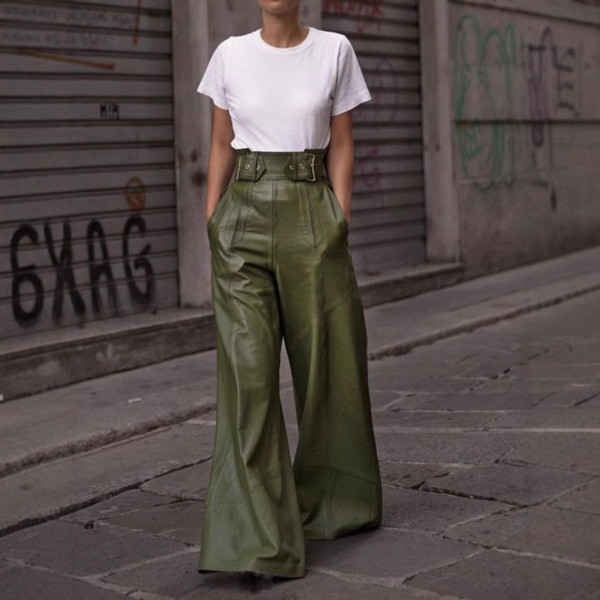 Fashion High Waist PU Leather Flare Pants GWDS-241022