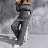 One Neck Off Shoulder Pleated Two Piece Pants Set GWDS-241003