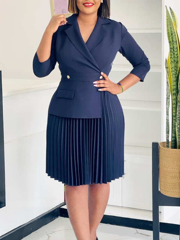 Plus Size Solid Color Press Pleated Midi Dress GATE-543
