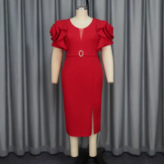 Plus Size Petal Sleeve Solid Colodr Party Dress GKEN-040822