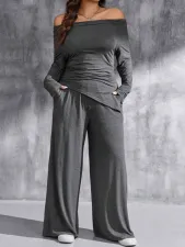 One Neck Off Shoulder Pleated Two Piece Pants Set GWDS-241003