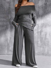 One Neck Off Shoulder Pleated Two Piece Pants Set GWDS-241003