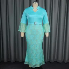 Plus Size Print Flare Sleeve Lace Patchwork Fishtail Dress GKEN-040701
