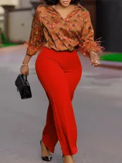 Plus Size Print Long Sleeve Shirt Wide Leg Pants Suit GATE-541