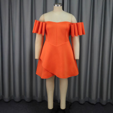 Plus Size Solid Color One Shoulder Midi Dress GKEN-040803