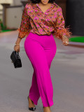 Plus Size Print Long Sleeve Shirt Wide Leg Pants Suit GATE-541
