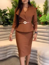 Solid Color Lapel Pencil Skirt 2 Piece Set GATE-542