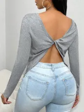 Solid Color Long Sleeve Backless Tops GWDS-241001