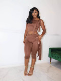 Pre Order: About 7 work days shipping Solid Color Slash Shoulder Tie Two Piece Pants Set YUEM-320390
