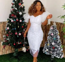 Plus Size V Neck Lace Bubble Sleeve Split Midi Dress GXYY-8116