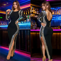 Long Sleeve Backless Split Maxi Dress BY-7090