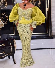 Plus Size Bubble Sleeve One Neck Maxi Dress GXYY-8055